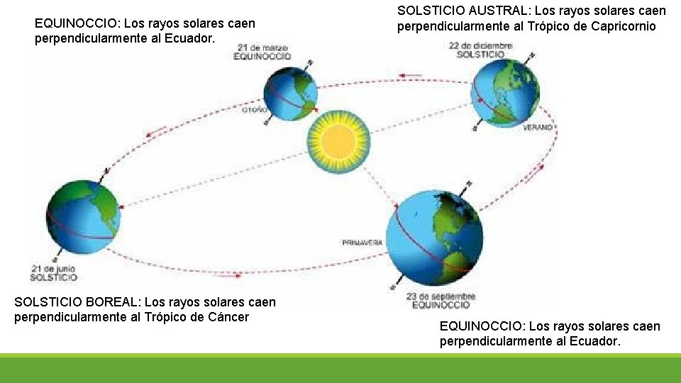 EQUINOCCIO: Los rayos solares caen perpendicularmente al Ecuador. SOLSTICIO BOREAL: Los rayos solares caen