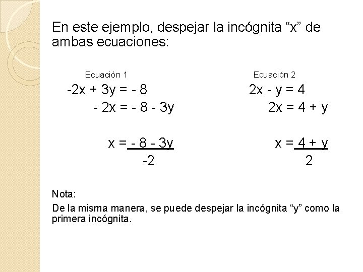 En este ejemplo, despejar la incógnita “x” de ambas ecuaciones: Ecuación 1 Ecuación 2