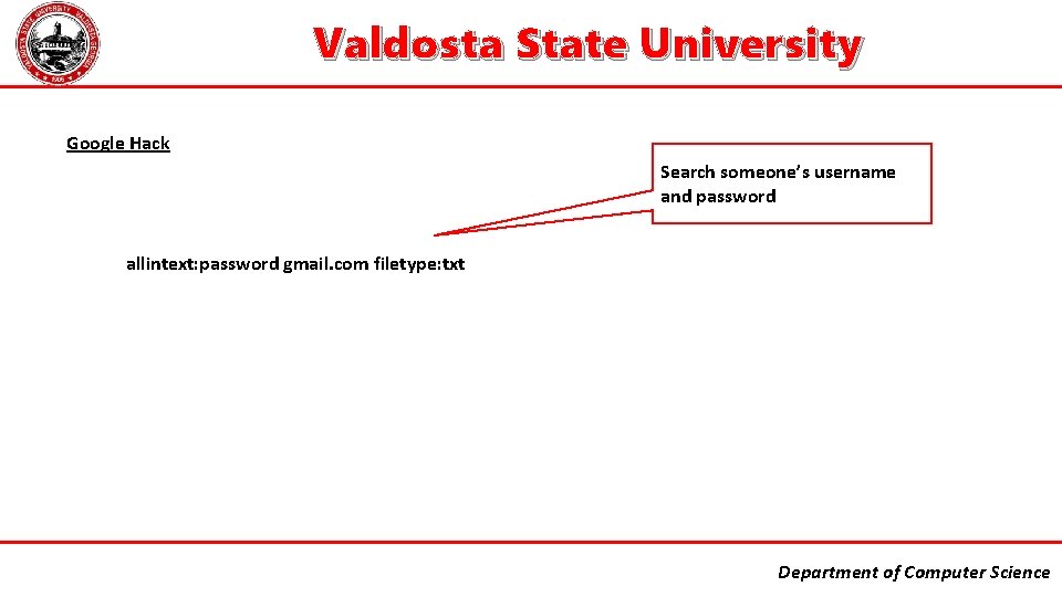 Valdosta State University Google Hack Search someone’s username and password allintext: password gmail. com