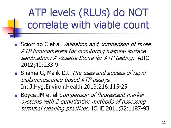 ATP levels (RLUs) do NOT correlate with viable count n Sciortino C et al