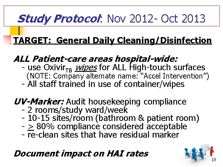 Study Protocol: Nov 2012 - Oct 2013 TARGET: General Daily Cleaning/Disinfection ALL Patient-care areas Study Protocol: Nov 2012 - Oct 2013 TARGET: General Daily Cleaning/Disinfection ALL Patient-care areas
