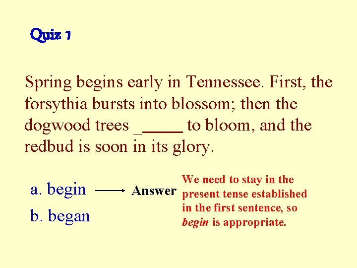 Quiz 1 Spring begins early in Tennessee. First, the forsythia bursts into blossom; then