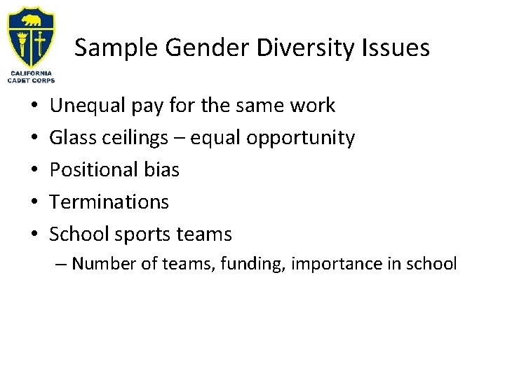 Sample Gender Diversity Issues • • • Unequal pay for the same work Glass