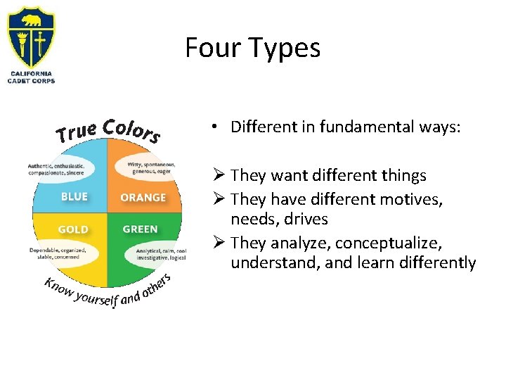 Four Types • Different in fundamental ways: Ø They want different things Ø They