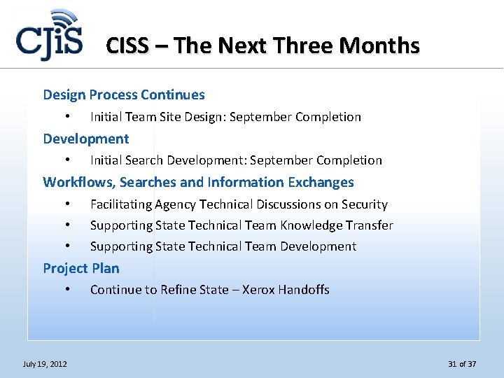 CISS – The Next Three Months Design Process Continues • Initial Team Site Design: