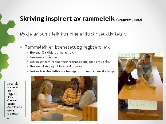 Skriving inspirert av rammeleik (Brostrøm, 2002) Mykje av barns leik kan innehalda skriveaktivitetar. §