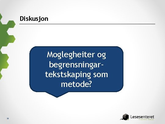 Diskusjon Moglegheiter og begrensningartekstskaping som metode? 22 