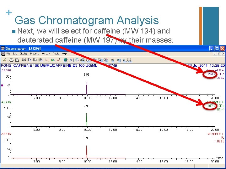 + Gas Chromatogram Analysis n Next, we will select for caffeine (MW 194) and