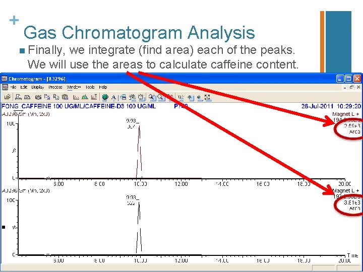 + Gas Chromatogram Analysis n Finally, we integrate (find area) each of the peaks.