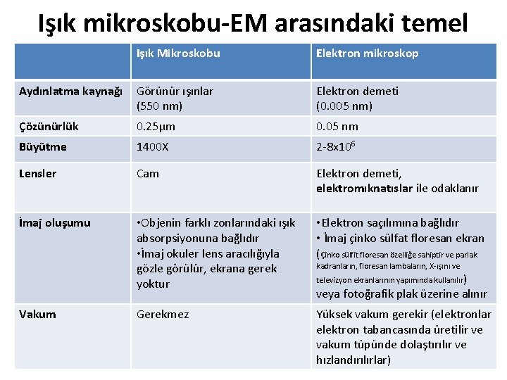 Işık mikroskobu-EM arasındaki temel Işık Mikroskobu farklar Elektron mikroskop Aydınlatma kaynağı Görünür ışınlar (550