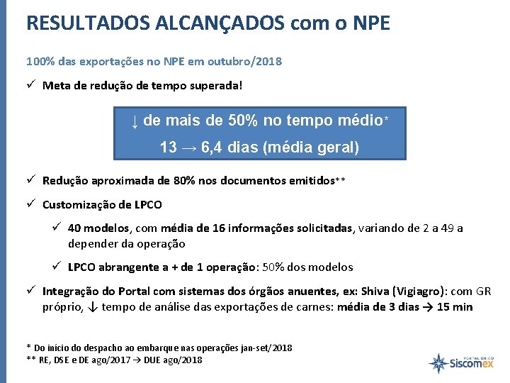 RESULTADOS ALCANÇADOS com o NPE 100% das exportações no NPE em outubro/2018 ü Meta