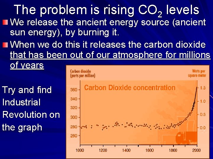 The problem is rising CO 2 levels We release the ancient energy source (ancient