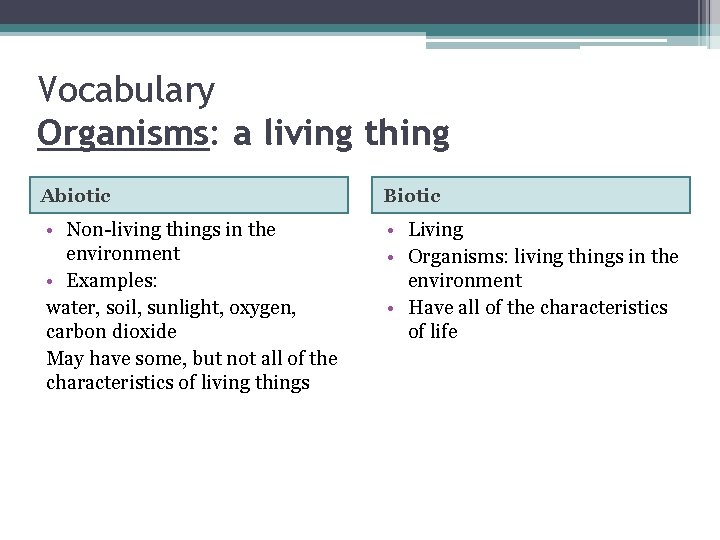 Vocabulary Organisms: a living thing Abiotic Biotic • Non-living things in the environment •