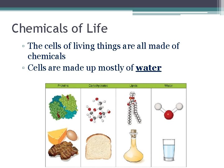 Chemicals of Life ▫ The cells of living things are all made of chemicals