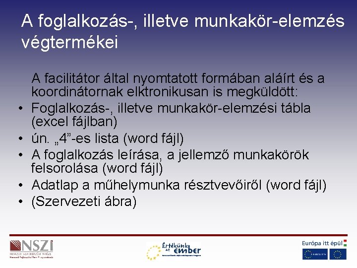 A foglalkozás-, illetve munkakör-elemzés végtermékei • • • A facilitátor által nyomtatott formában aláírt