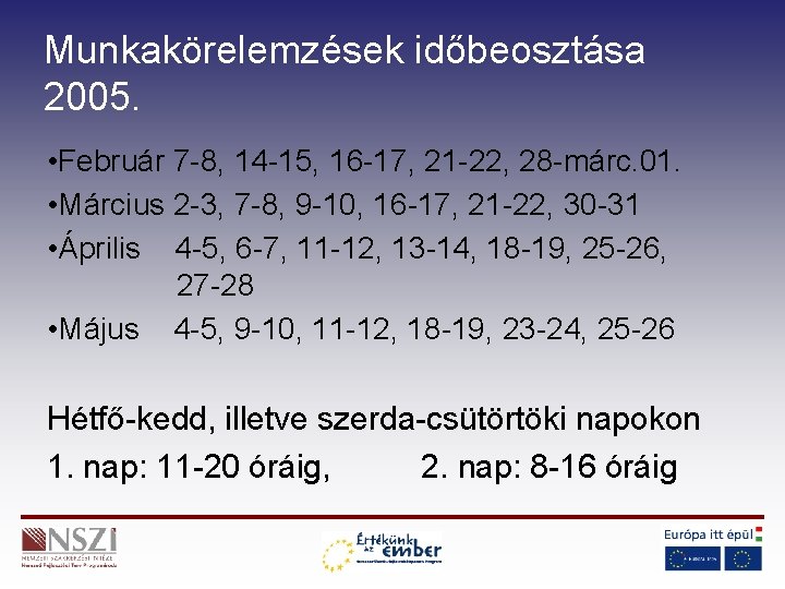 Munkakörelemzések időbeosztása 2005. • Február 7 -8, 14 -15, 16 -17, 21 -22, 28