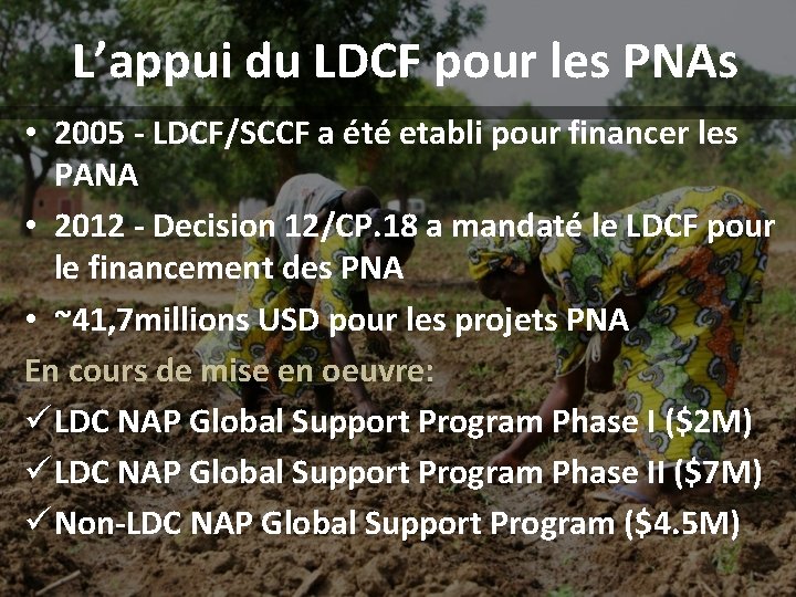 L’appui du LDCF pour les PNAs • 2005 - LDCF/SCCF a été etabli pour