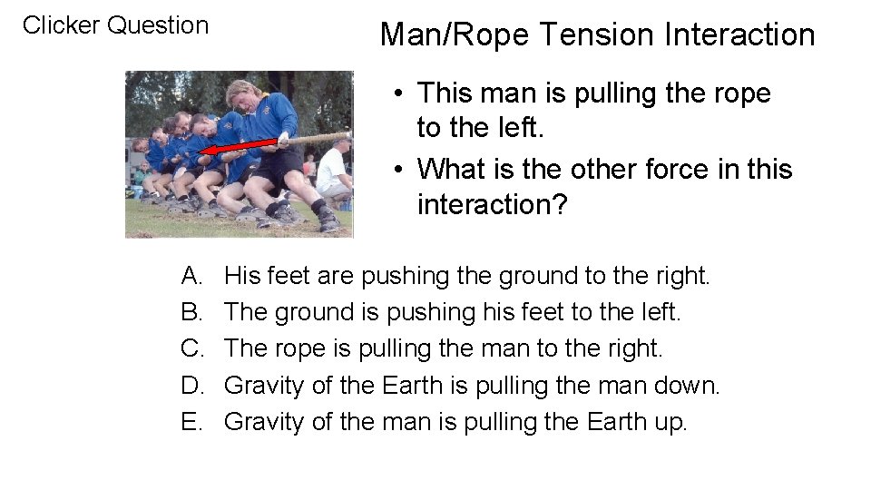 Clicker Question Man/Rope Tension Interaction • This man is pulling the rope to the