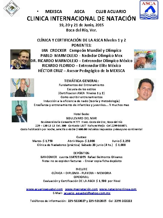  • MEXSCA ASCA CLUB ACUARIO CLINICA INTERNACIONAL DE NATACIÓN 19, 20 y 21
