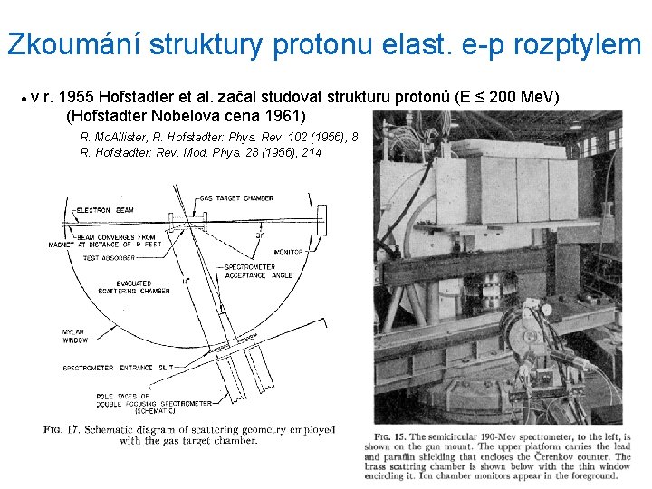 Zkoumání struktury protonu elast. e-p rozptylem v r. 1955 Hofstadter et al. začal studovat