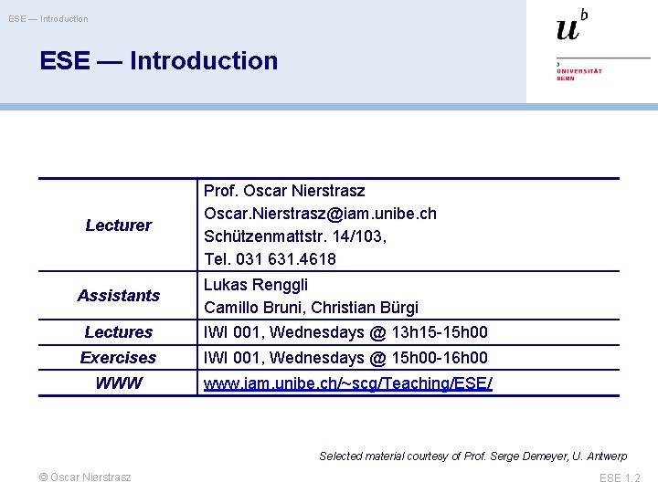 ESE — Introduction Lecturer Assistants Prof. Oscar Nierstrasz Oscar. Nierstrasz@iam. unibe. ch Schützenmattstr. 14/103,