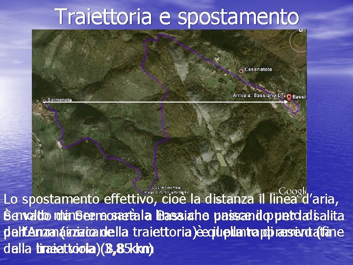 Traiettoria e spostamento Lo spostamento effettivo, cioè la distanza il linea d’aria, è molto