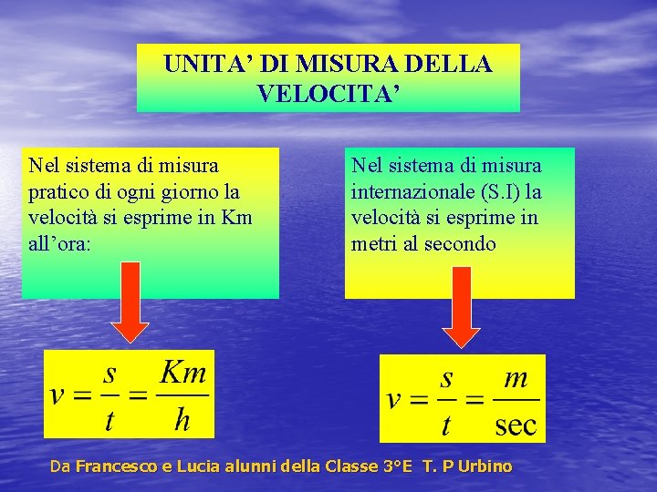 UNITA’ DI MISURA DELLA VELOCITA’ Nel sistema di misura pratico di ogni giorno la