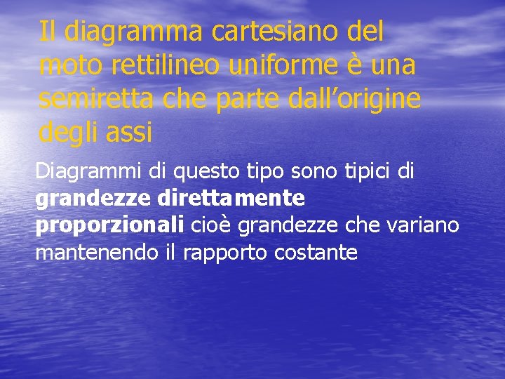 Il diagramma cartesiano del moto rettilineo uniforme è una semiretta che parte dall’origine degli