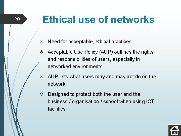 20 Ethical use of networks Need for acceptable, ethical practices Acceptable Use Policy (AUP)