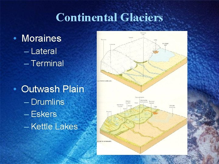Continental Glaciers • Moraines – Lateral – Terminal • Outwash Plain – Drumlins –