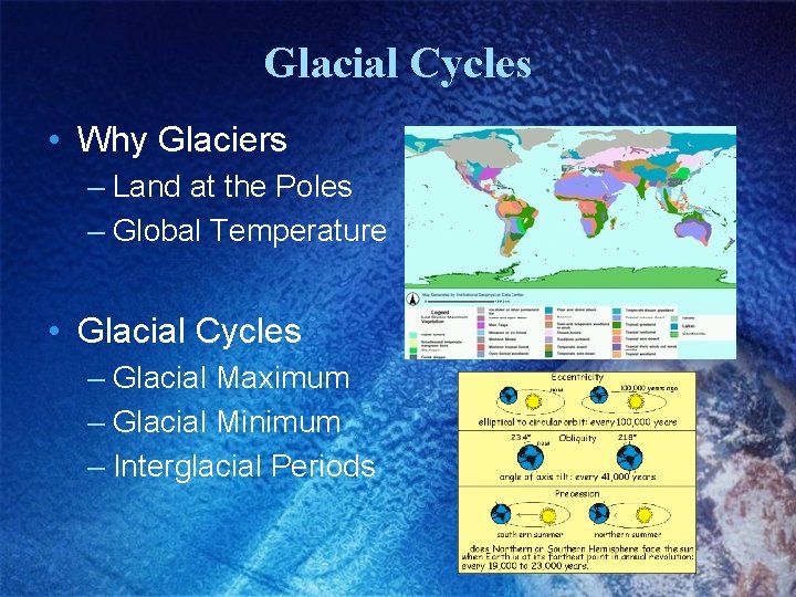 Glacial Cycles • Why Glaciers – Land at the Poles – Global Temperature •