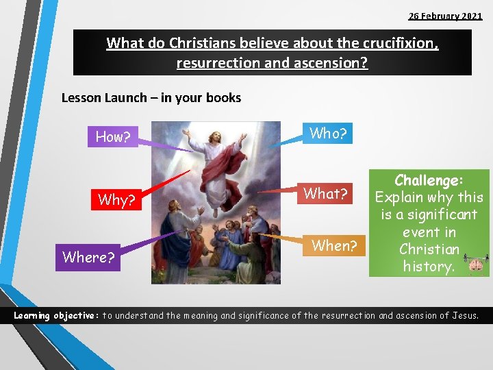 26 February 2021 What do Christians believe about the crucifixion, resurrection and ascension? Lesson