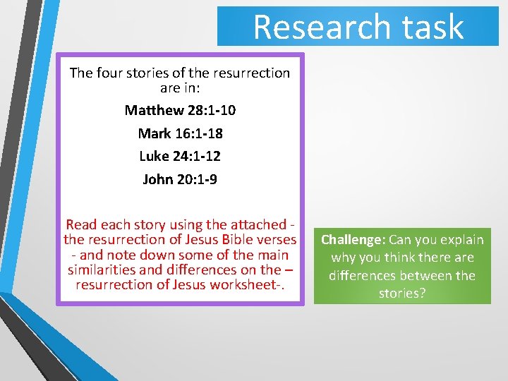 Research task The four stories of the resurrection are in: Matthew 28: 1 -10