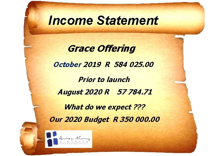 Income Statement Grace Offering October 2019 R 584 025. 00 Prior to launch August Income Statement Grace Offering October 2019 R 584 025. 00 Prior to launch August