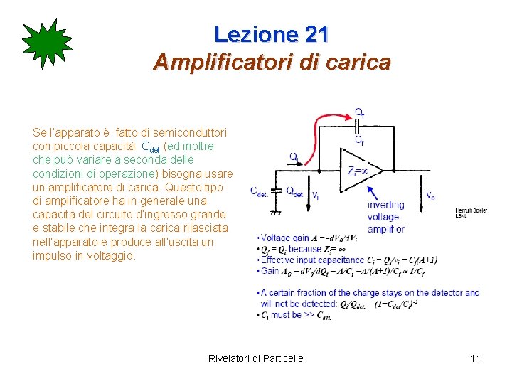 Lezione 21 Amplificatori di carica Se l’apparato è fatto di semiconduttori con piccola capacità