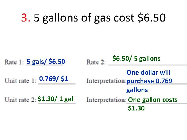 3. 5 gallons of gas cost $6. 50 5 gals/ $6. 50 0. 769/