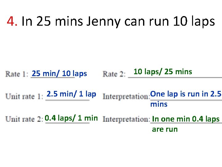 4. In 25 mins Jenny can run 10 laps 25 min/ 10 laps/ 25