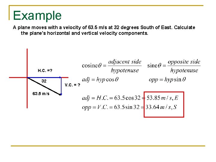 Example A plane moves with a velocity of 63. 5 m/s at 32 degrees