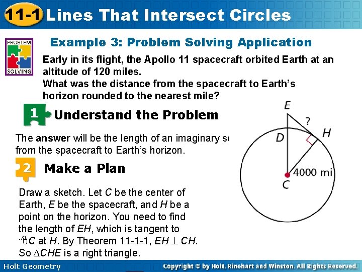 11 -1 Lines That Intersect Circles Example 3: Problem Solving Application Early in its