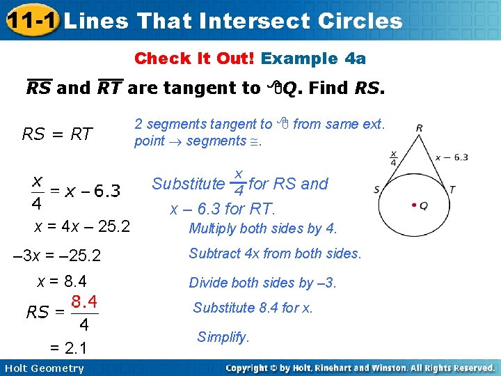 11 -1 Lines That Intersect Circles Check It Out! Example 4 a RS and