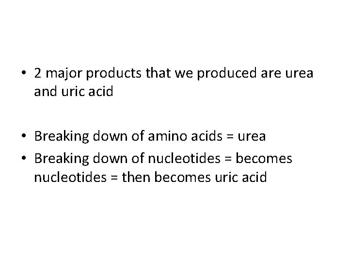  • 2 major products that we produced are urea and uric acid •