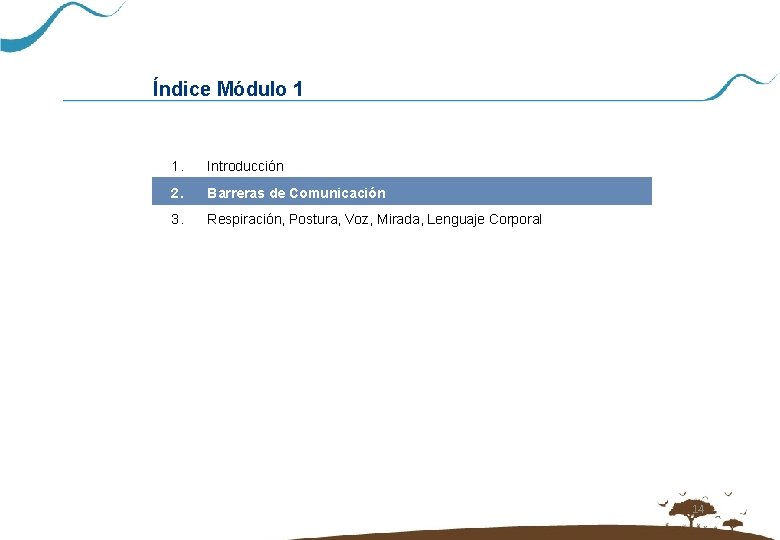 Índice Módulo 1 1. Introducción 2. Barreras de Comunicación 3. Respiración, Postura, Voz, Mirada,