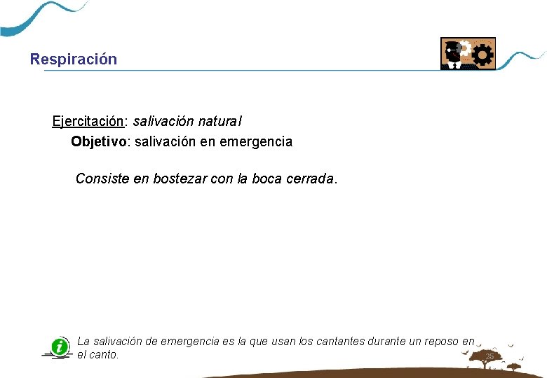 Respiración Ejercitación: salivación natural Objetivo: salivación en emergencia Consiste en bostezar con la boca