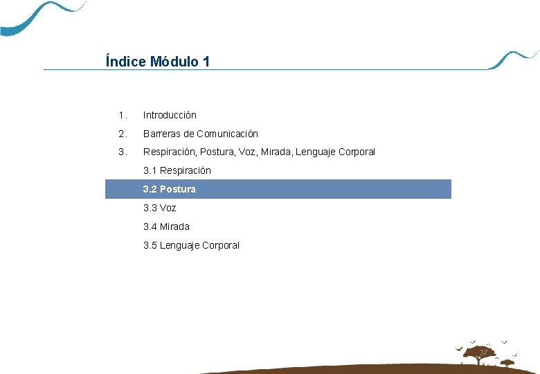 Índice Módulo 1 1. Introducción 2. Barreras de Comunicación 3. Respiración, Postura, Voz, Mirada,