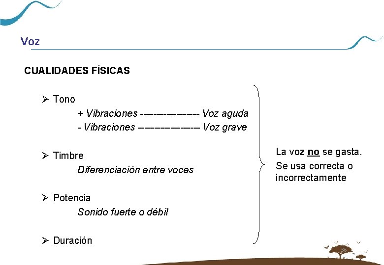 Voz CUALIDADES FÍSICAS Ø Tono + Vibraciones --------- Voz aguda - Vibraciones ---------- Voz