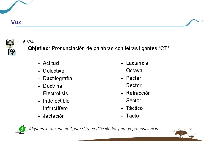 Voz Tarea: Objetivo: Pronunciación de palabras con letras ligantes “CT” - Actitud Colectivo Dactilografía