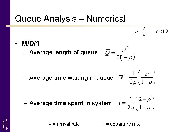 Queue Analysis – Numerical • M/D/1 – Average length of queue – Average time