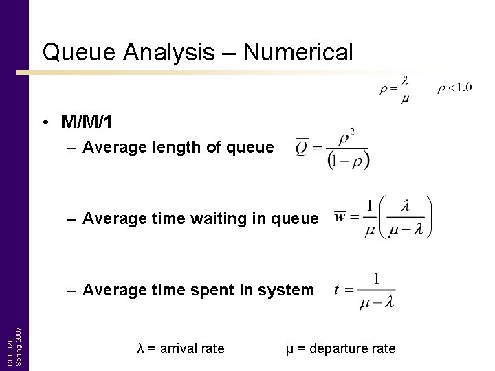 Queue Analysis – Numerical • M/M/1 – Average length of queue – Average time