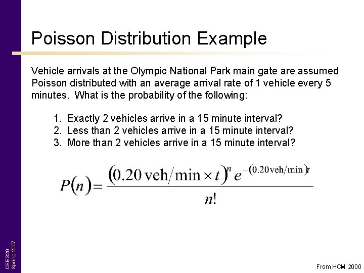 Poisson Distribution Example Vehicle arrivals at the Olympic National Park main gate are assumed