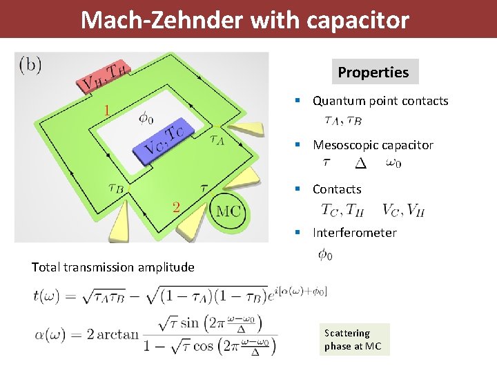 Mach-Zehnder with capacitor Properties § Quantum point contacts § Mesoscopic capacitor § Contacts §